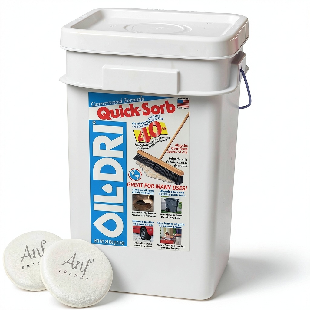 Installing Oil Dri Absorbent ANF Brands 20lb Pail Control on a wooden workbench
