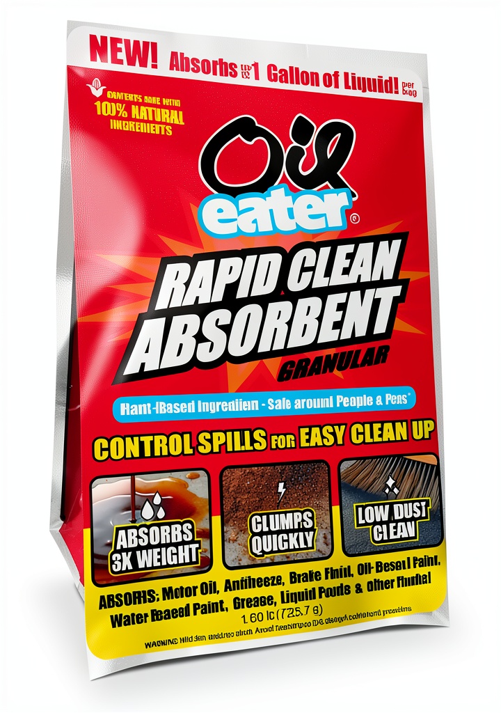 Oil absorbent granules being applied to a garage floor spill
